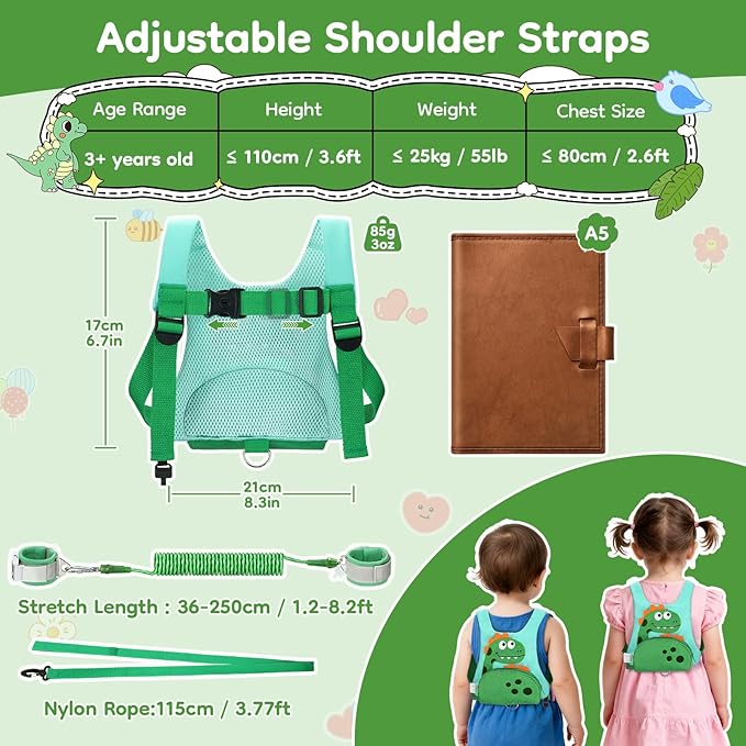 Dr.meter 3 in 1 Toddler Harness Leash + 8.2ft Anti Lost Wrist Link, Cute Dinosaur Kids Safety Harness Tether with Key Lock, Child Protective Leashes While Walking for Outdoor Activity Keep Kids Close