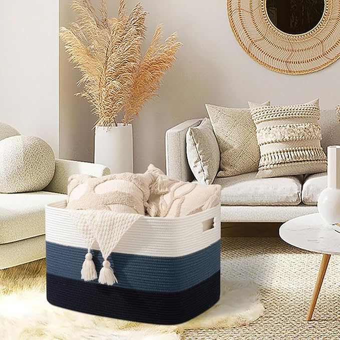 OIAHOMY 118L Extra Large Blanket Basket, Rectangle Woven Cotton Rope Storage Basket,Used for storing Dirty Clothes, Stuffed Animal Toy Storage for Living Room,Kids Room,25" x 17" x 16", Gradient Blue