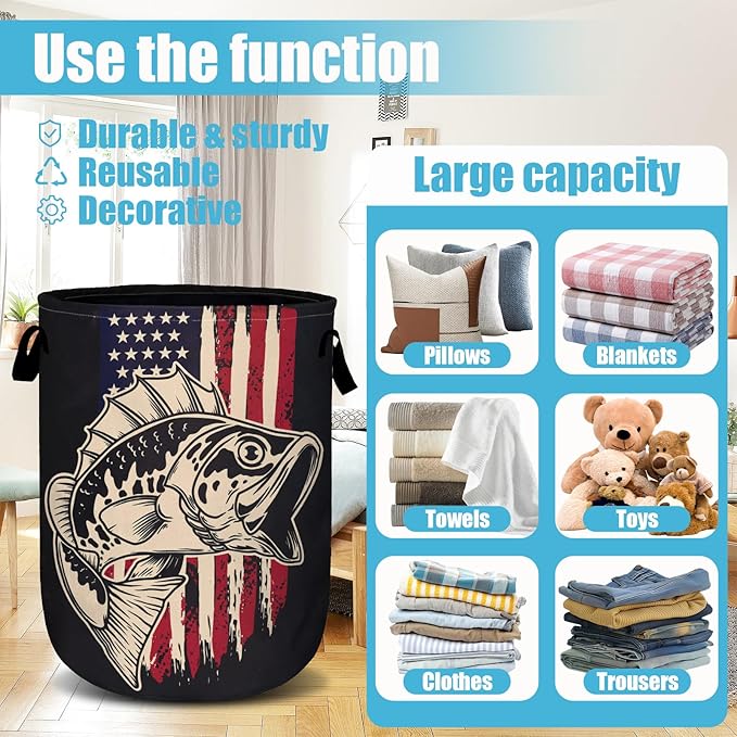 American Flag Bass Fish Laundry Basket, Laundry Hamper Collapsible Oxford Cloth with Handle Clothes Toy Storage Bin for Bathroom Laundry Room Bedroom 15.7 X 20 Inch