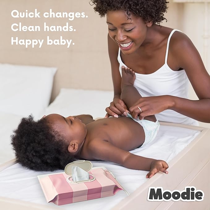 Moodie NEW 3 PACK Baby Wipes Holder | Refillable Wipes Container w/DOUBLE-LOCK SEAL |Travel Wipe Case | Portable Wipe Dispenser for Diaper Bag w Silicone Strap | Reusable Wipes Pouch (ROSIE PINK)