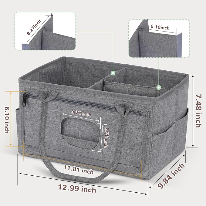 Volnamal Premium Diaper Caddy with Smart Side Wipes Pocket, Diaper Organizer, Portable Car Organizer & Nursery Basket for Newborn Essentials, Perfect Registry Must Haves for Boys & Girls, Grey