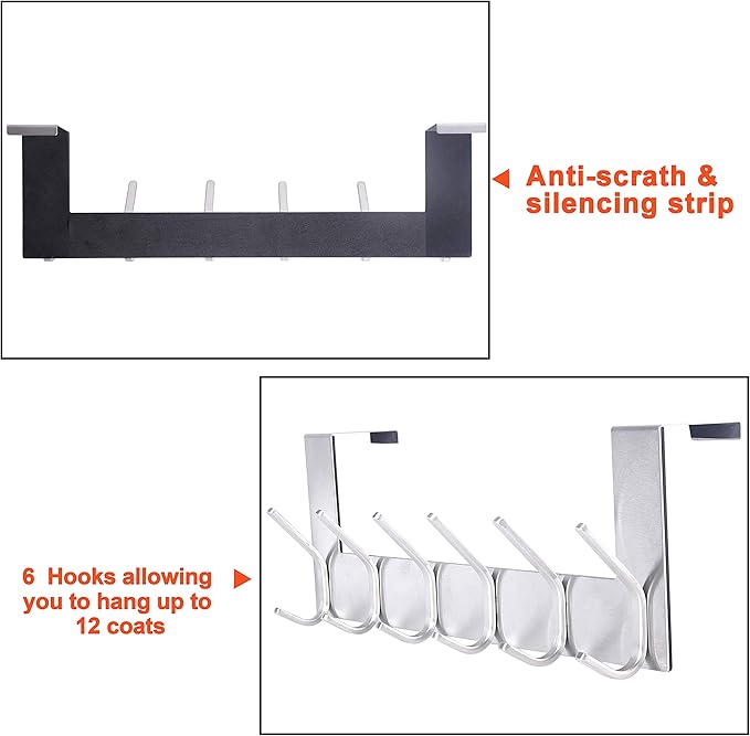 SKOLOO Over The Door Hook - for Doors up to 1-3/4'' Thickness, Silver, No Assembly Required, Stainless Steel, Door Coat Rack for Entryway & Bathroom Hanging Coats, Backpack, Robes, Towels, Pack of 2