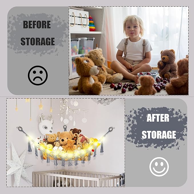 CERETIA Stuffed Animal Hammock with LED Light, Large Stuffed Animals Storage Corner Plushie Net for Kids Room Decor, 2 Packs Grey
