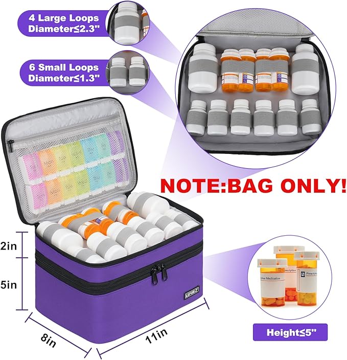 LEFOR·Z Medicine Storage Bag,Double Layers Pill Bottle Organizer Bag Empty with Lockable Zipper&Adjustable Divider,Medication Travel Carrying Bag for Pills,Vitamins,Medical Supplies,Purple
