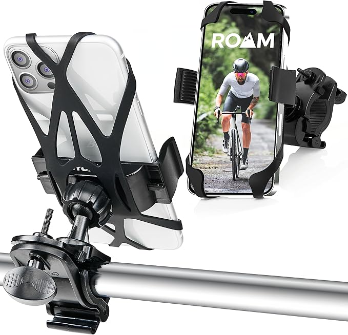 Roam Universal Black Net Bike Phone Mount Holder, 360° Rotation Hands Free Cell Navigation System for Motorcycle eBike Dirt Road Cruiser Scooter Jogging Stroller, Adjustable Up to 3.6" W x 7" L