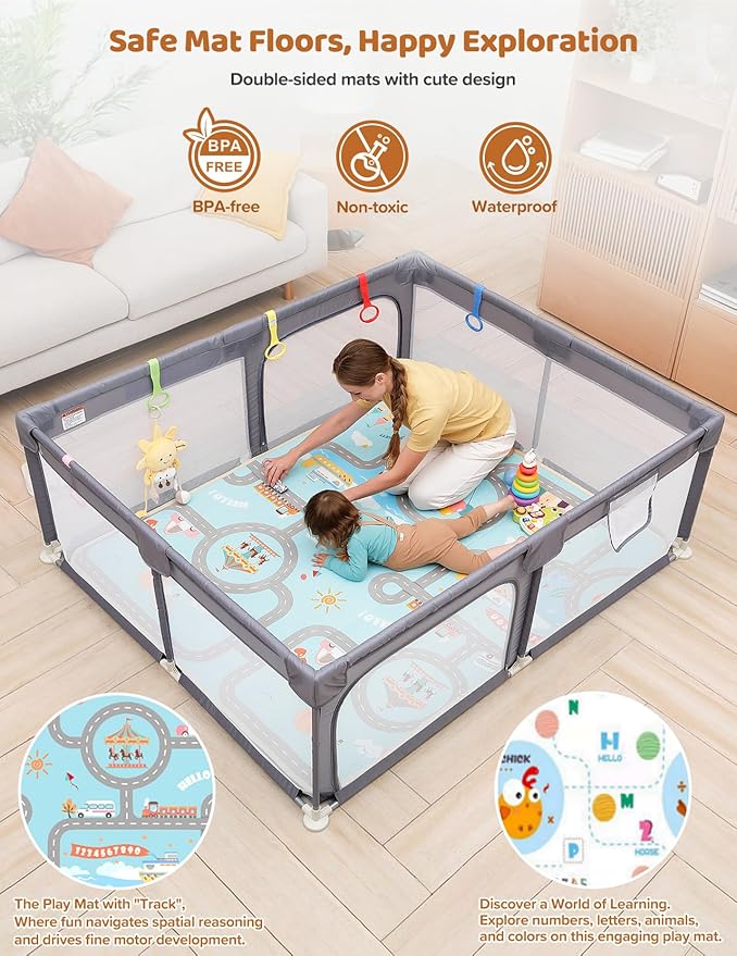 Dripex Baby Playpen with Mat, 71"x59" Play Pen for Toddlers 1-3 Years, Soft Breathable Visible Mesh, Indoor/Outdoor Portable Play Yard with Mat, Safe Baby Fence Play Area, Grey