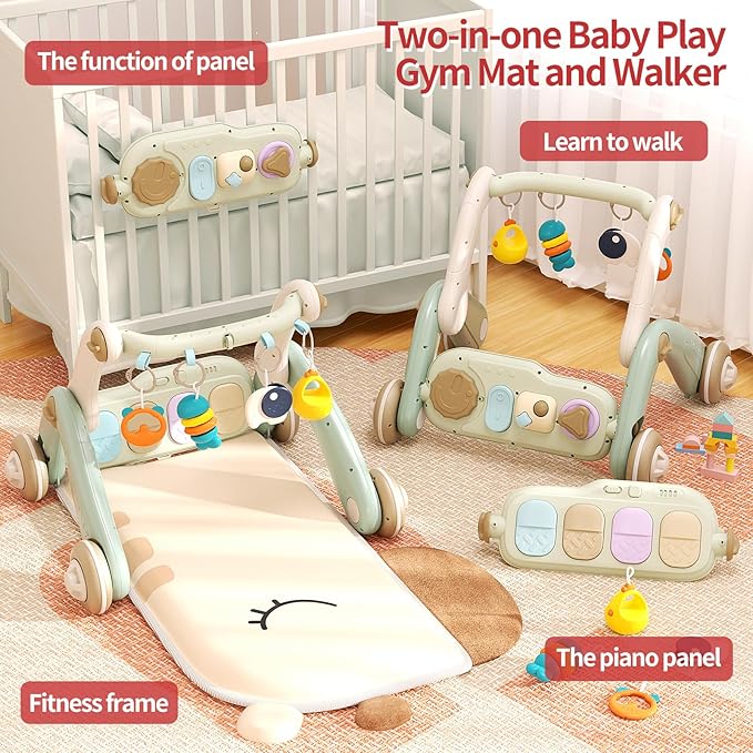 Jovow 2 in 1 Baby Gym with Walker,Baby Play Mat with 4 Infant Learning Sensory,Double-Sided Multifunctional Removable Play Piano Panel,Sit-to-Stand Learning Walker for 0-24 Months Boy Girl [White]