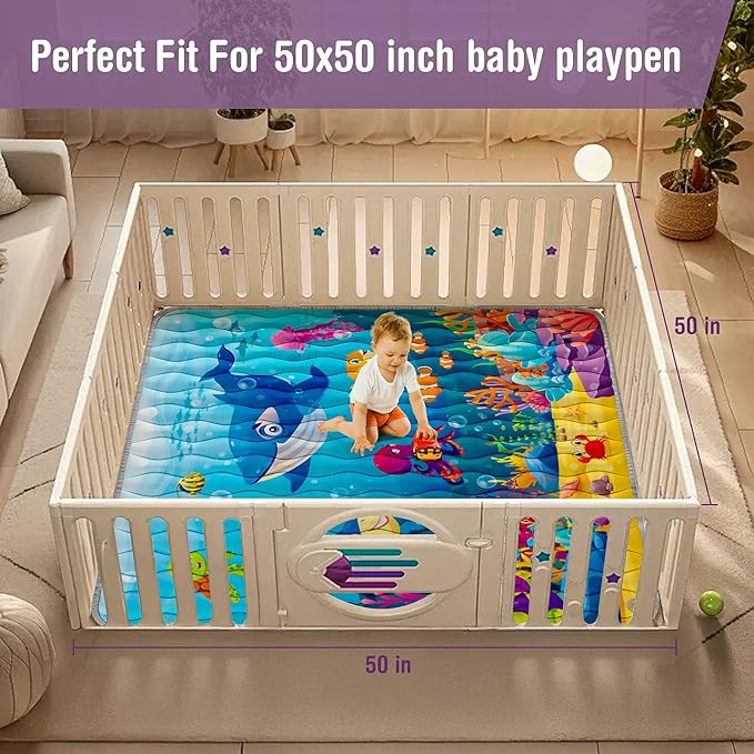 Baby Play Mat, 50x50 Thickened Playpen Mat, Waterproof & Non-Slip, Foldable Baby Play Mat for Floor, Machine Washable Crawling Mats for Infants & Toddlers, Floor Activity and Playing & Learning, Sea World