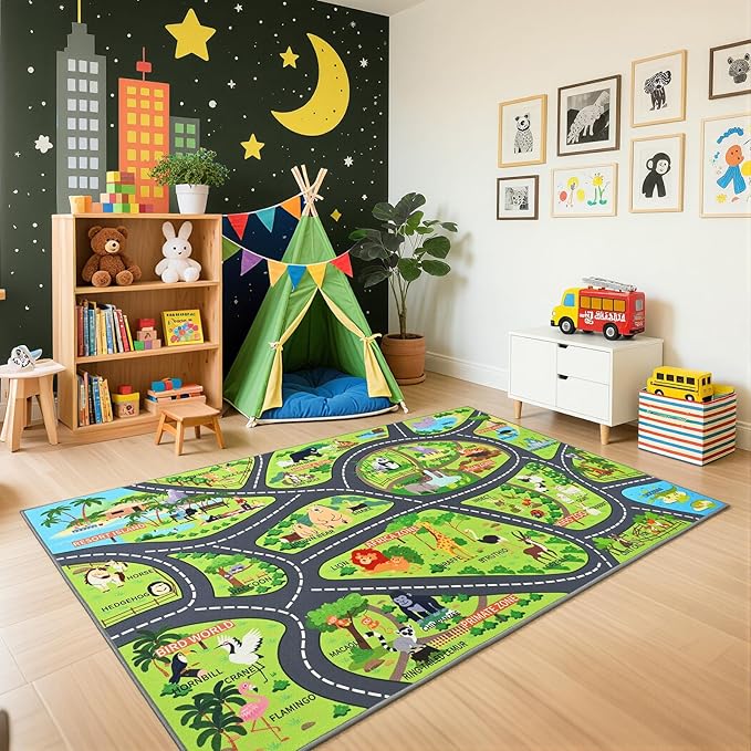 Zoo Adventure Kids Rug, Cute Animal Play Mat with Non-Slip Backing, Kids Carpet with Lions, Tigers & Giraffes for Educational and Fun Playtime, 4x6ft