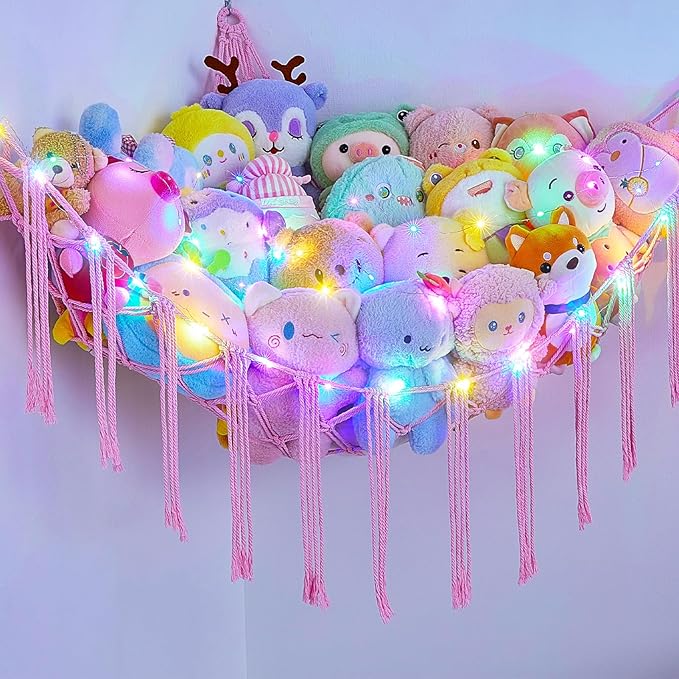 Basumee Stuffed Animals Net or Hammock with LED Light, Hanging Stuffed Animals Storage Toy Hammock Net Corner Wall Girls Room Decor Toy Storage Organizer, Pink, L