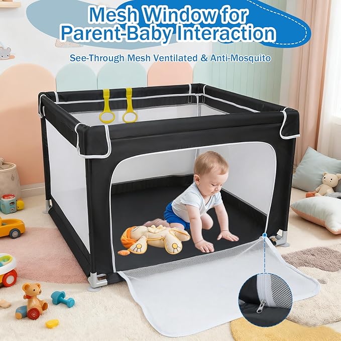 Baby Playpen for Babies and Toddlers,Small Baby Fence Floor Yard,Soft Breathable Mesh, Anti-Slip Base, Mini Play Yard with Pull-Up Ring Safe Anti-Fall Play Yard with Gates,36"X36"in