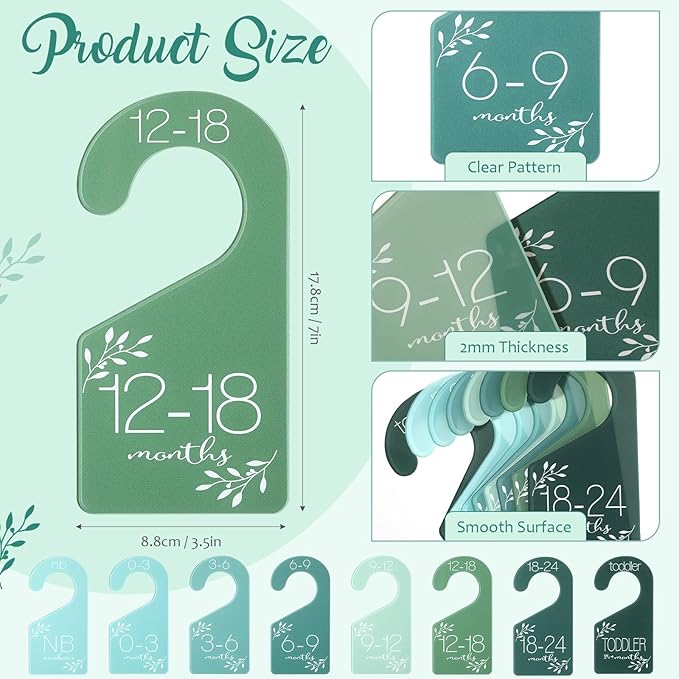 8 Pcs Baby Closet Size Dividers Acrylic Baby Closet Dividers Nursery Closet Dividers Baby Clothes Size Hanger Baby Wardrobe Organizers Infant Wardrobe Separator, 7 x 3 Inch (Green)