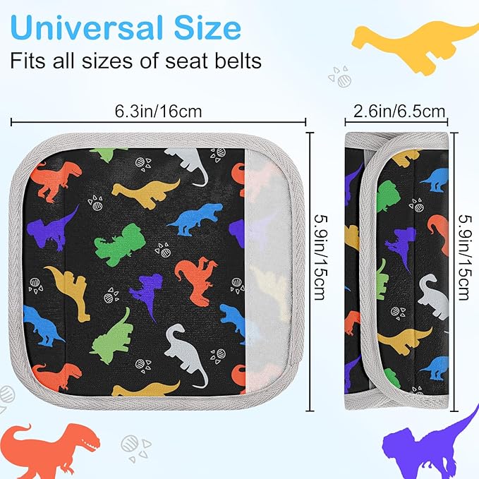 Seat Belt Cover Pad for Baby, Soft Seatbelt Cushion Covers for Kids 2Pcs Car Seat Strap Shoulder Pads for All Car Seats, Stroller, High Chair, Black Dinosaur