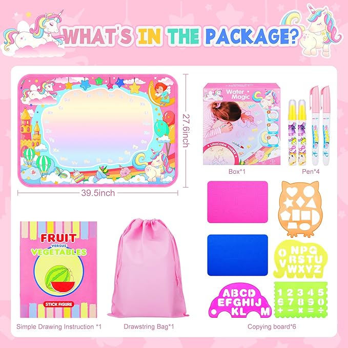MAIGOZON Water Doodle Mat, Unicorn Drawing Mat for Toddlers, Kids Water Painting Pad Coloring Board Set, Art Supplies for Toddlers, No Mess Crafts Birthday Christmas Gifts for Girls Ages 3 4 5 6 7 8