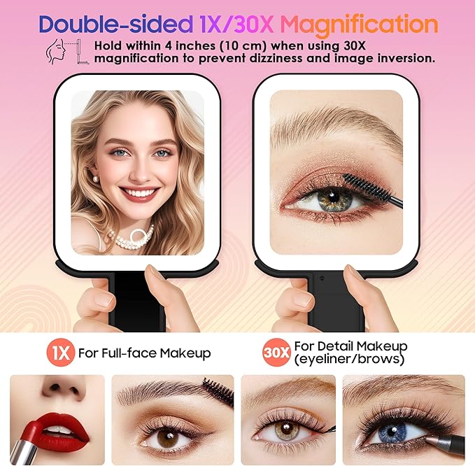 Magnifying Travel Mirror with Light, 30X/1X Double-Sided Magnifying Mirror with 3 Color Lights, Brightness Adjustable, Foldable Handheld Makeup Mirrors Portable for Travel and Desktop Use,B
