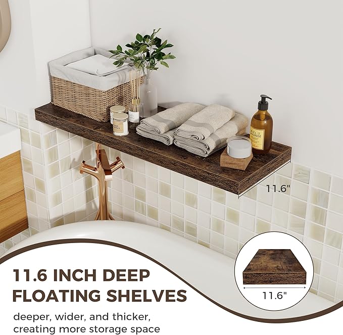 Fun Memories Deep Floating Shelves, 36" W x 12" D Wood Floating Shelves for Wall, 2 Pack Extra Deeper & Thicker Wall Mounted Storage Shelf for Living Room Laundry Room Kitchen Home Office, Brown
