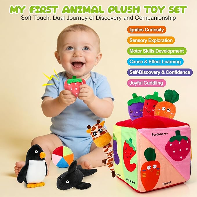 Baby Box Toy - Baby Toys 6-12 Months Montessori Toys for 6 Month Old with Animals, Fruits, Balls, Squeaky Sounds, Mirror, Gifts for Babies