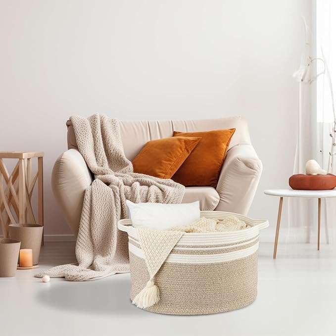 XUANGUO Large Cotton Rope Basket Blankets Basket Living Room 22"x14" Toy Baskets for Kids Rope Storage Basket for Nursery Woven Laundry Baskets for Clothes Towels Baby Toy Storage round white brown