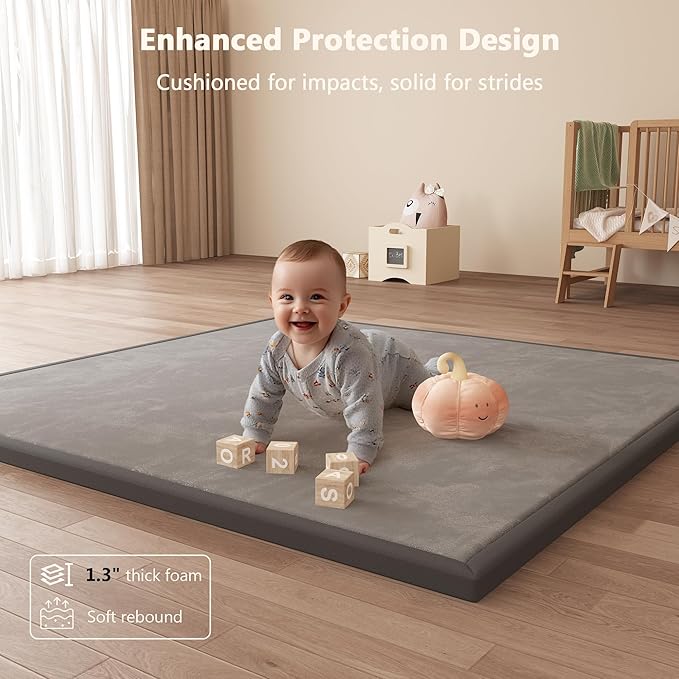 Baby Play Mat for Floor, 1.3'' Thick Memory Foam Tummy Time Mat - Super Soft Coral Velvet Nursery Rug with Non-Slip Backing, Crawling Rug for Toddlers/Infants, Yoga & Tatami Use, 71''x 79''