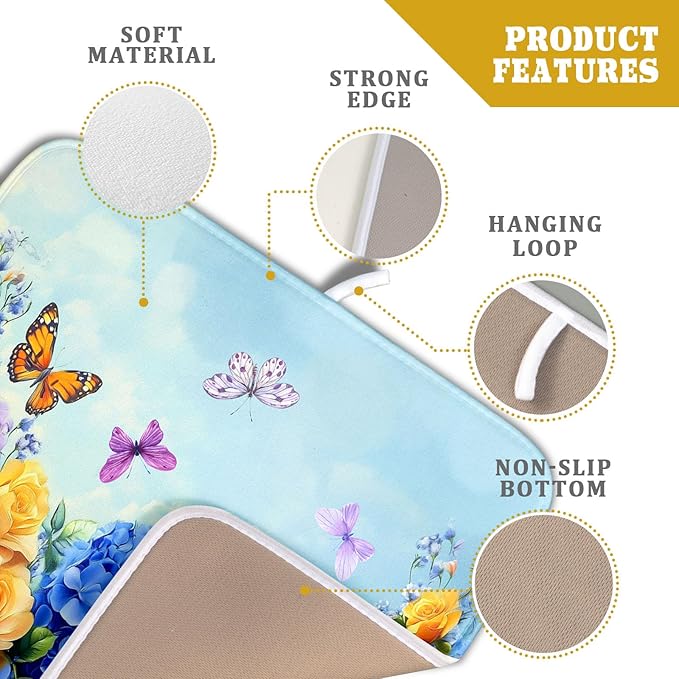 Spring Blue Yellow Hydrangeas Flowers Dish Drying Mat for Kitchen Counter,Colorful Butterflies Flying Drying Mat 16 x 18 Inch with High Absorbent Microfiber Drainer Mat for Coffee Bar