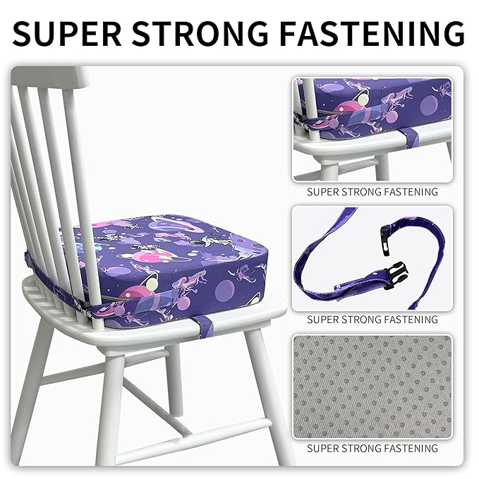 Toddler Booster Seat for Dining Table, Waterproof Kids Booster Seat for Kitchen Chair, High Density Foam Cushion with Non-Slip Bottom, Washable Cover & Adjustable Straps (Purple Starry Sky)