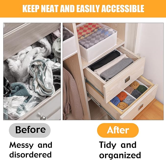 Foldable Dresser Drawer Organizers for Clothes, Underwear, Socks, Bras - Cloth Storage Box Divider Basket Bins, 14 Pack (White)