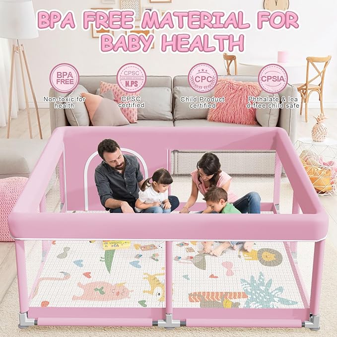 XVISHX Baby Playpen with Mat, 50 x 50 Inch Playpen for Babies and Toddlers, Baby Playard for Indoor & Outdoor Active Center Game Fence, with Skin-Friendly Fabric and Soft Breathable Mesh, Pink