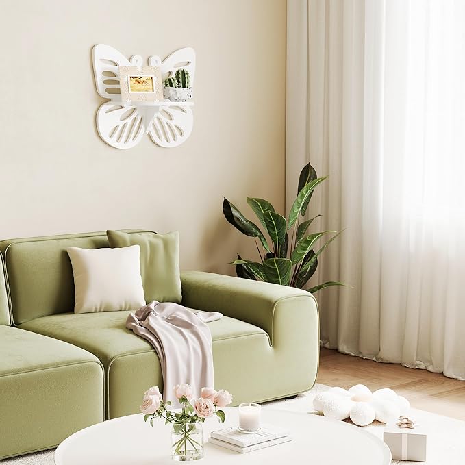 Butterfly Shaped Nursery Wall Deor Floating Shelf, Cute Wall Display Rack for Kid’s Room, Small Decorative Shelf Wall Mounted, White Hanging Wall Shelf for Toys, Plants and Decorations Storage, White