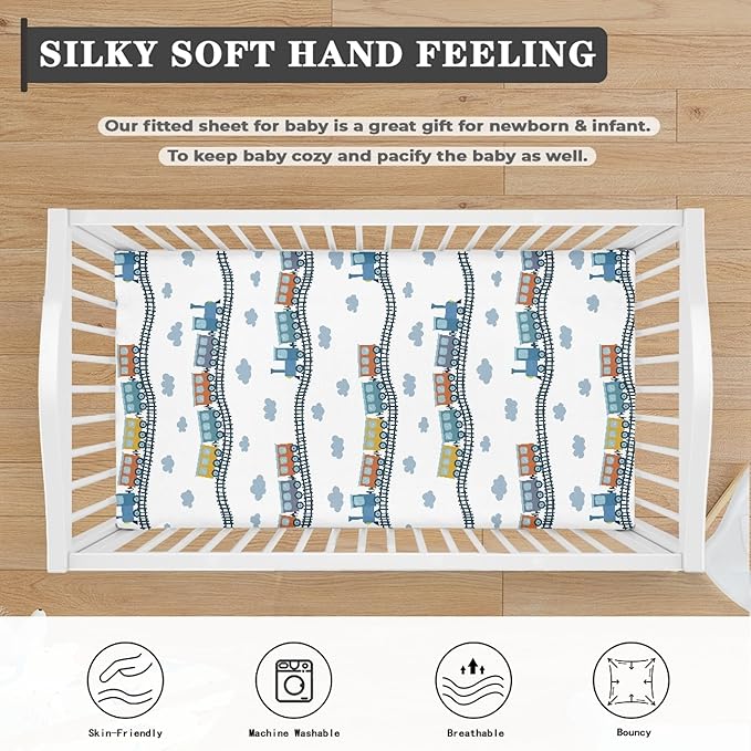 Colorful Train Fitted Crib Sheet for Boys Girls Cartoon Trains Baby Sheet for Standard Crib and Toddler Watercolor Steam Trains Nursery Bed Mattress Sheets 28"x52"