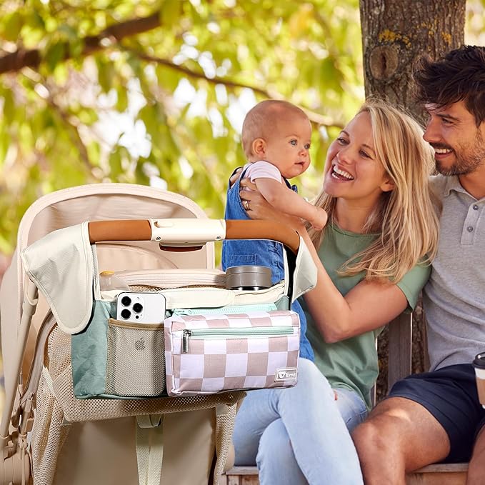 Universal Stroller Organizer with Insulated Cup Holders and Detachable Phone Bag,Stroller Caddy Fits for Stroller Accessories like Uppababy, Baby Jogger, Doona, Nuna Stroller (Green Square grid)