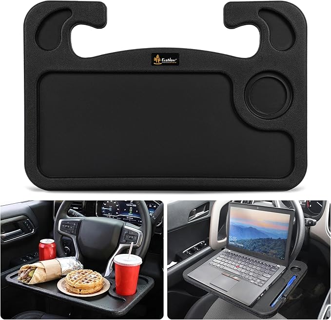EcoNour Steering Wheel Desk Tray Compatible for Chevrolet Silverado 1500 2019-2026 | Car Laptop Mount Tray with Pen Holder | Food & Drink Holder | Multipurpose Travel Car Accessories
