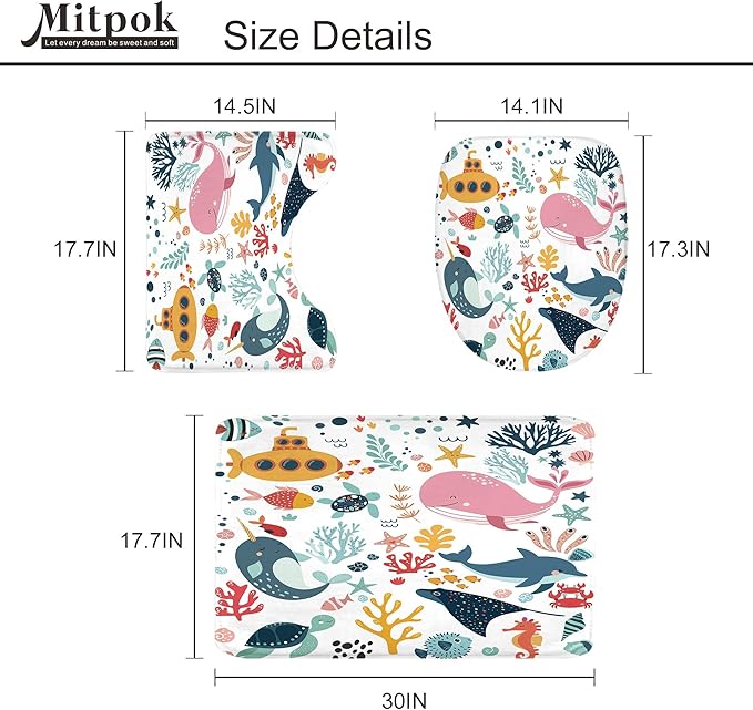 4 PCS Kids Shower Curtain Set 72Wx72H Kid Toddler Bathroom Set Summer Ocean Fish Cute Whale Funny Underwater Bath Rug Toilet Lid Cover U Shape Mat Accessories 12 Hooks Bathroom Decors