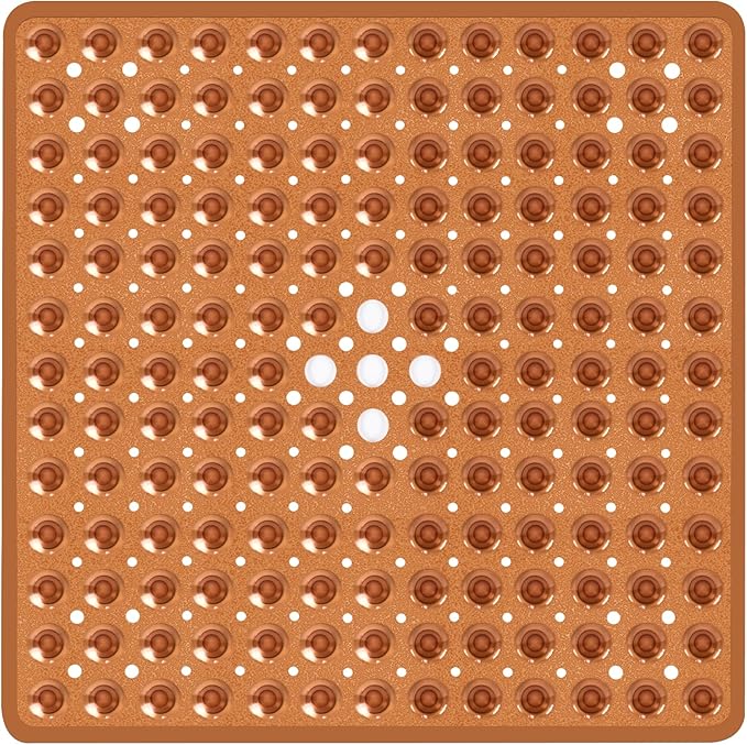 Square Shower Bathtub Mat Non Slip for Inside Shower Clear Brown 21x21 Inch, Shower Stall Mats for Bathroom Floor, Soft Bath Mat for Tub with Big Suction Cups Drain Holes, Easy Washable Dry