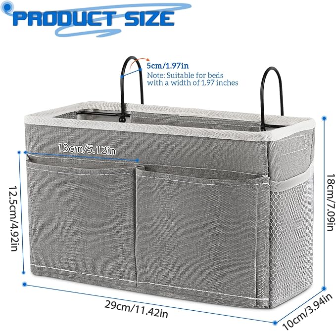 Retyion Bedside Caddy Bedside Hanging Storage Basket Bed Caddy for Headboards Bunk Dorm Rooms Crib Beds Rails Organizer (Grey)