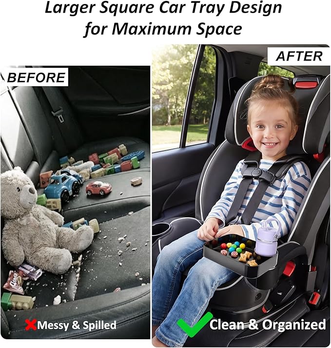 Car Seat Snack Tray for Kids, Mess-Free Square Travel Tray Cup Holder Snack Tray, Durable Car Food Tray for Toddlers, Universal Fit Kids Travel Road Trip Essentials (Black)
