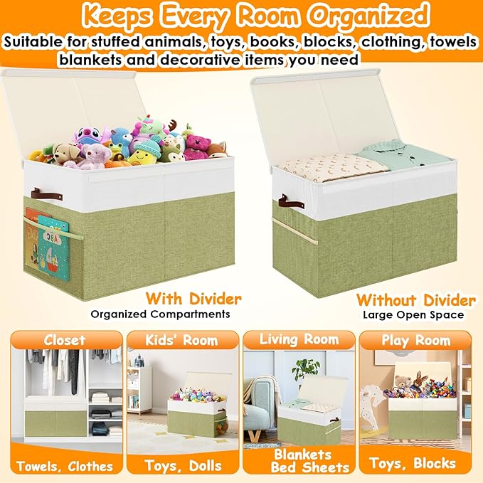 Fineonly Large Toy Storage Box with Lid Upgraded Toy Storage Chest Organizer with Divider Foldable Toy Bin for Kids Boys Girls Playroom Nursery Bedroom (25"x13"x16")