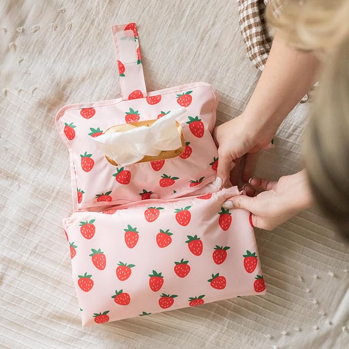 Tiny Twinkle Portable Diaper Changing Pad | Waterproof, Wipeable & Compact Baby Changing Pad for Travel | Smart Wipes Pocket & Organized Storage| Newborn Shower Gift (Strawberries)