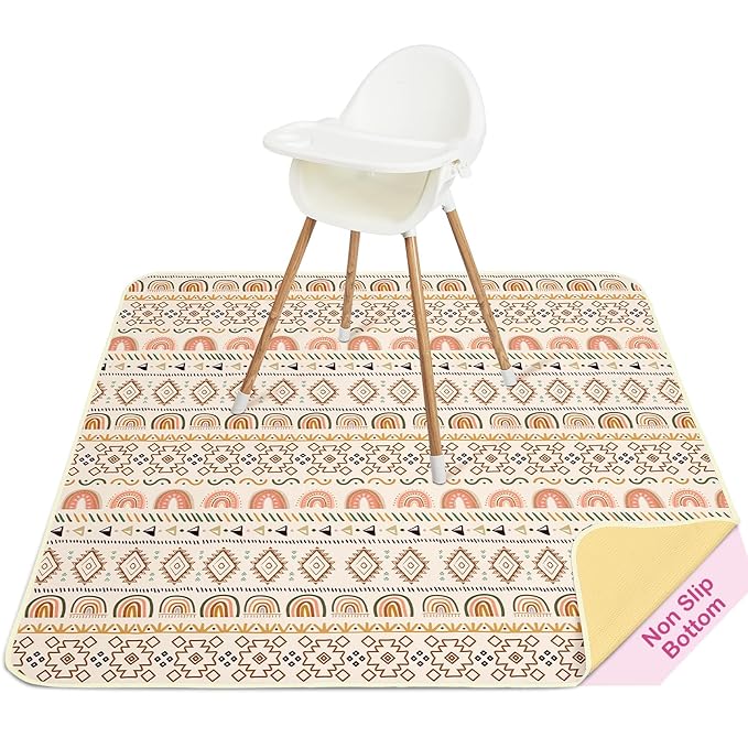Basumee Splat Mat High Chair Mat Waterproof Baby Play Splat Mat for Under High Chair Food Catcher Highchair Mat for Floor Non Slip Bottom, Brown Geometry, 51x51 Inches