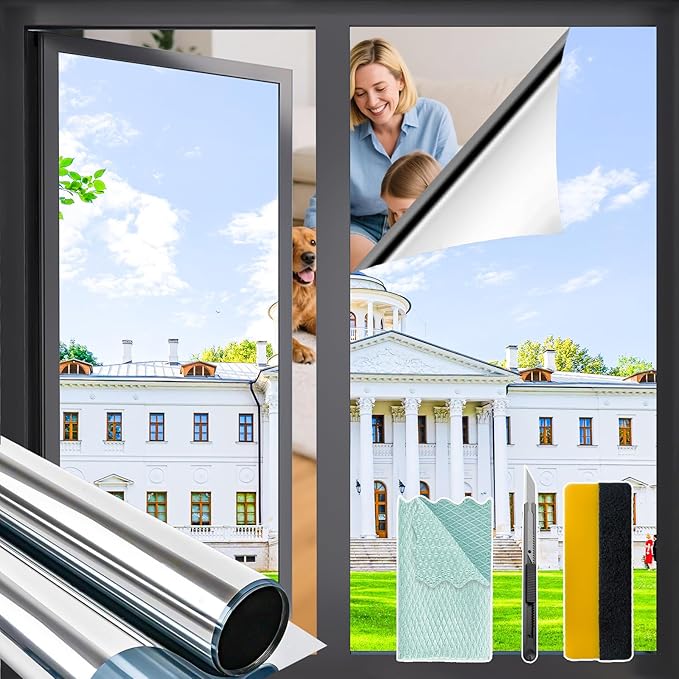 Bloss One Way Privacy Window Film, Privacy Film for Glass Windows, Self-Adhesive Window Tint for Home & Office, Heat Insulating & UV Blocking Mirror Glass Wrap(35.4" x 118"/Silver)