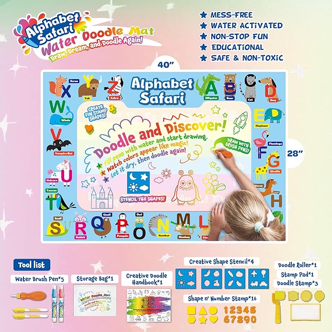 ANIMOLDS Water Doodle Mat 40″ × 32″ – Aqua Magic Drawing Board for Toddlers & Kids | Alphabet Safari Theme Educational Art Play Mat | Reusable, Mess-Free Water Painting Toy