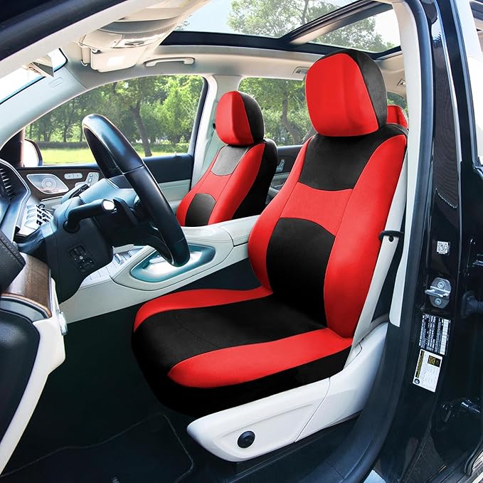FH Group Car Seat Covers Full Set Cloth, Universal Fit combo, Automotive Covers, Low Back Front Airbag Compatible,Split Bench Rear Seat,Washable Cover for SUV,Sedan,Van Red