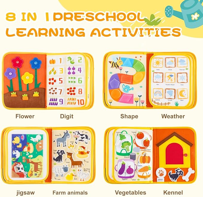 Jollybaby Montessori Activity Busy Book for Toddlers, Preschool Educational Learning Busy Board for 3 Year Old, Felt Quiet Book Birthday Gift - Farm