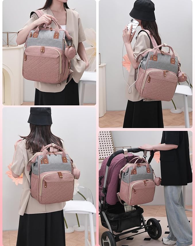 Lamroro Diaper Bag with Changing Station, Waterproof 3 in 1 Baby Diaper Backpack with Foldable Changing Pad, Pink-Grey