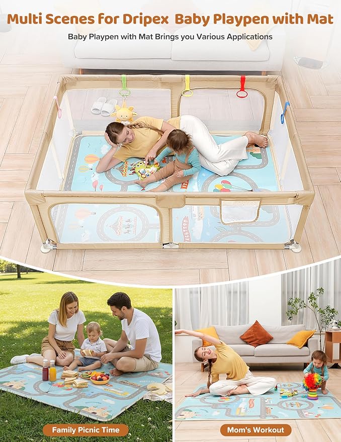Dripex Baby Playpen with Mat, 71"x47" Play Pen for Toddlers 1-3 Years, Soft Breathable Visible Mesh, Indoor/Outdoor Portable Play Yard with Mat, Safe Baby Fence Play Area, Beige