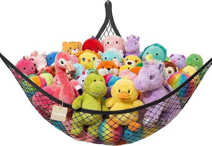 Lazebox Stuffed Animal Net Hammock for Plushie Toys, Stuffed Animal Hammock Corner for Kids' Room Decor, Ideas for Organizing Stuffy Collection, Black, L (67" x 40" x 40")-Pack of 1