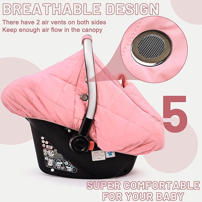 Winter Baby Car Seat Cover, Waterproof Winter Infant Carseat Canopy for Girls, Cold Weather Warm Car Seat Covers for Babies, Keeps Babies Warm and Cozy (Pink)
