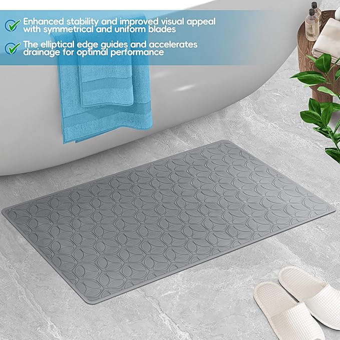 Bathtub Mat Non Slip with Suction Cups - 100% Rubber Bathroom Mat Textured for Bath Tub Shower Safety - Soft on Touch - BPA/PVC Free - Pet Dog Bath Mat - Machine Washable - 16 × 28 Inch（Gray）