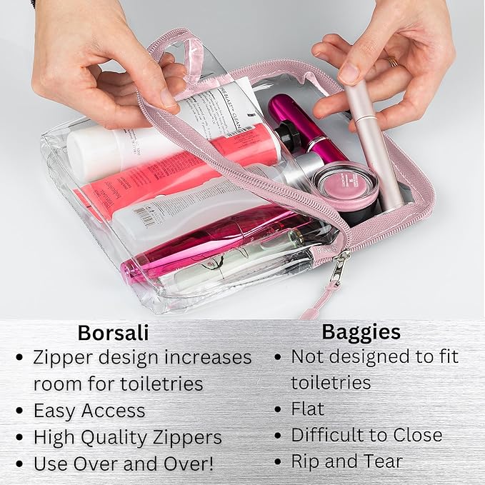 BORSALI Travel Pouches for Toiletries, Portable Flat Pack Squeeze Containers for Shampoo & 3-1-1 Liquids, Empty Travel Size Essentials for Women - 18 Piece Set with TSA Approved Bag