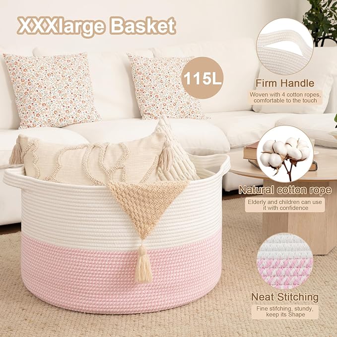 OIAHOMY 115L Extra Large Blanket Basket for Living Room, 23.6" x 15.4" Woven Cotton Rope Laundry Basket for Organizing Pillows, Decorative Stuffed Animal Toy Storage for Nursery, White and Pink