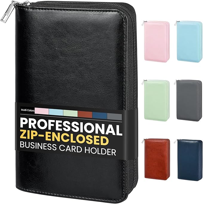 Sooez Zip-Enclosed Business Card Holder Organizer, Professional Credit Card Case Book for Women Men, 240 Capacity, Premium Vegan Leather Gift Card Organizer Storage File, Business Card Wallet, Black